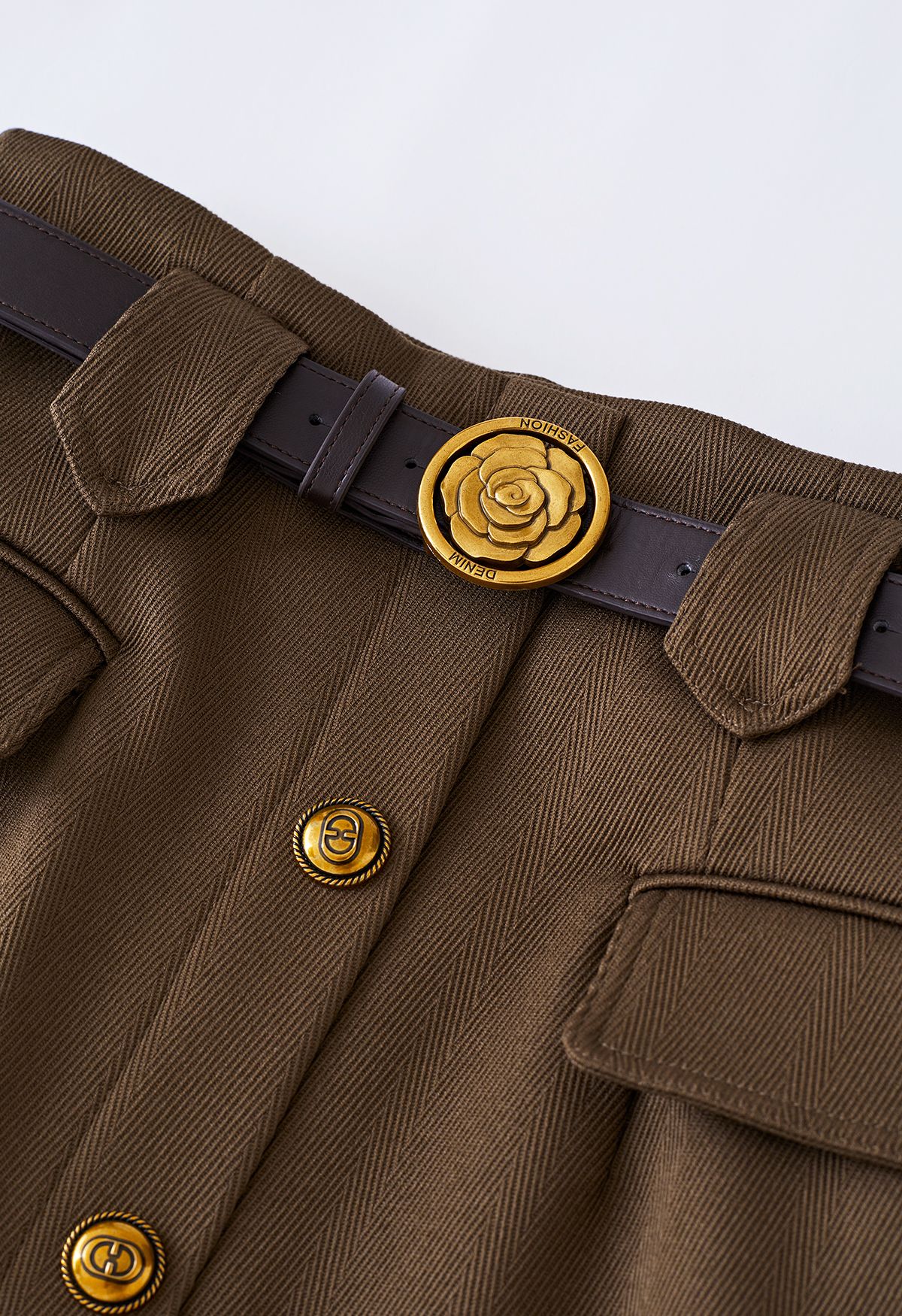 Vintage Button Flap Pocket Midi Skirt in Khaki