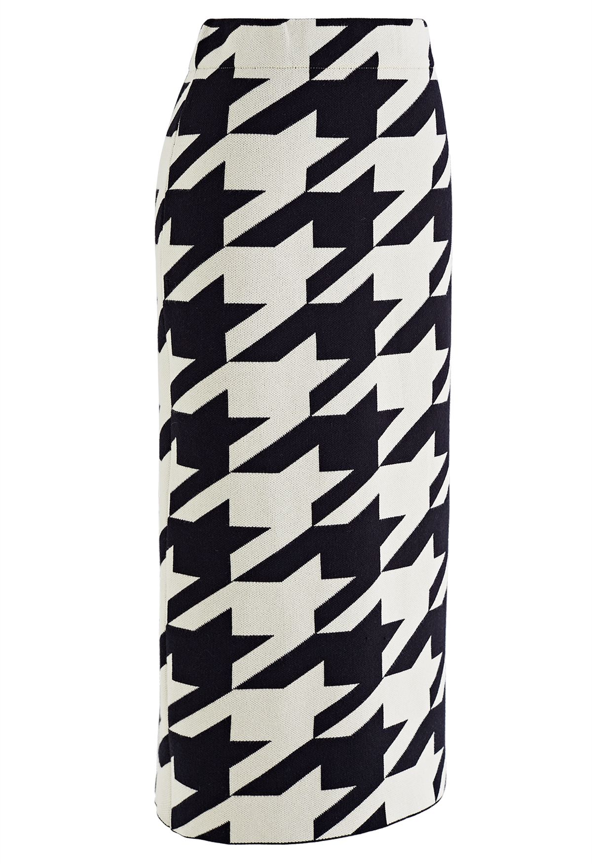 Houndstooth Pattern Back Slit Pencil Skirt in White