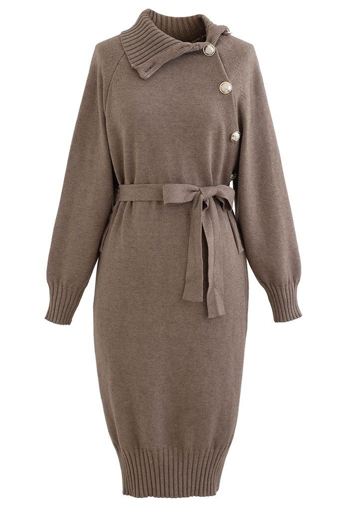 Buttoned Side Flap Collar Knit Midi Dress in Taupe