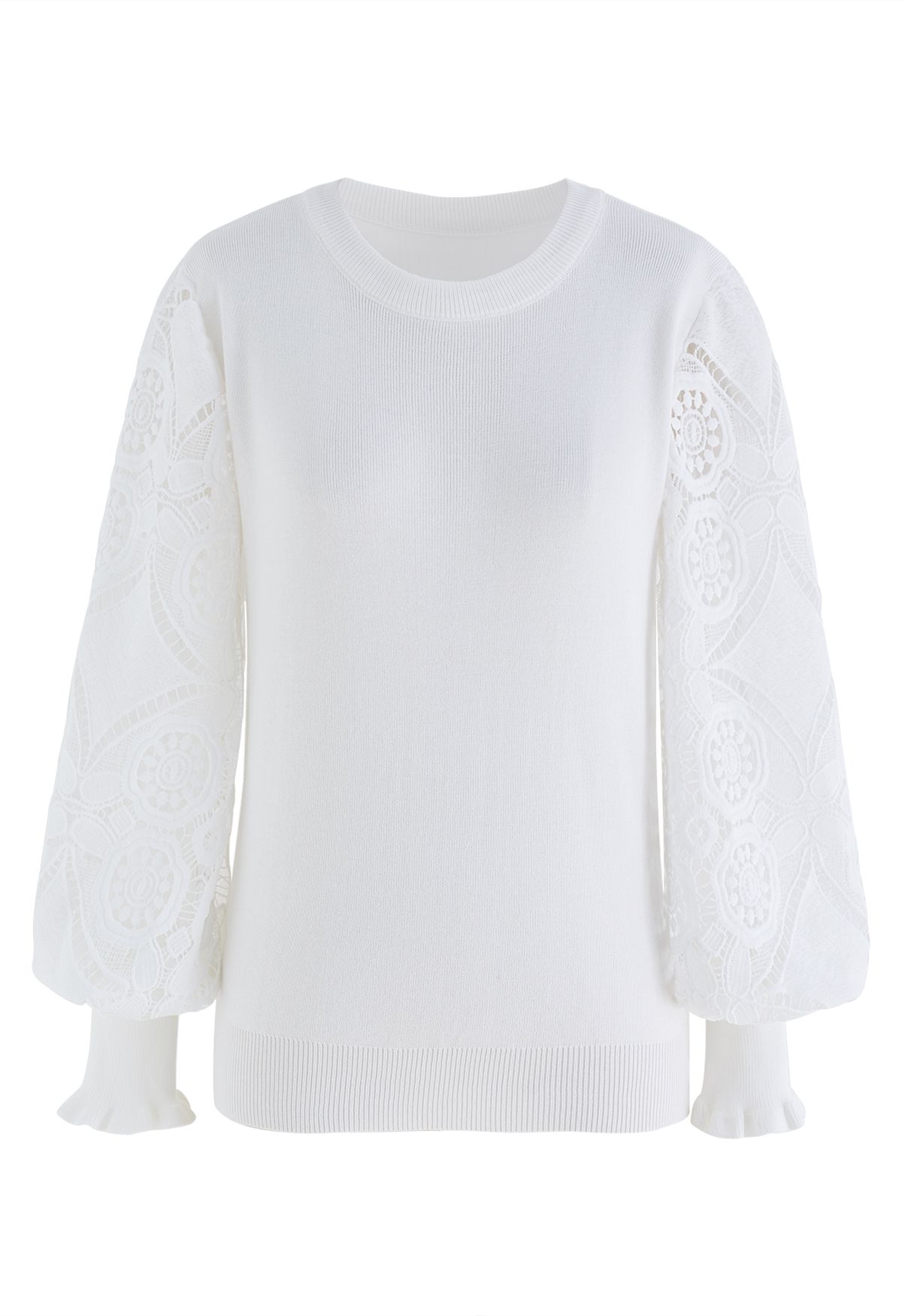 Floral Crochet Sleeve Knit Top in White