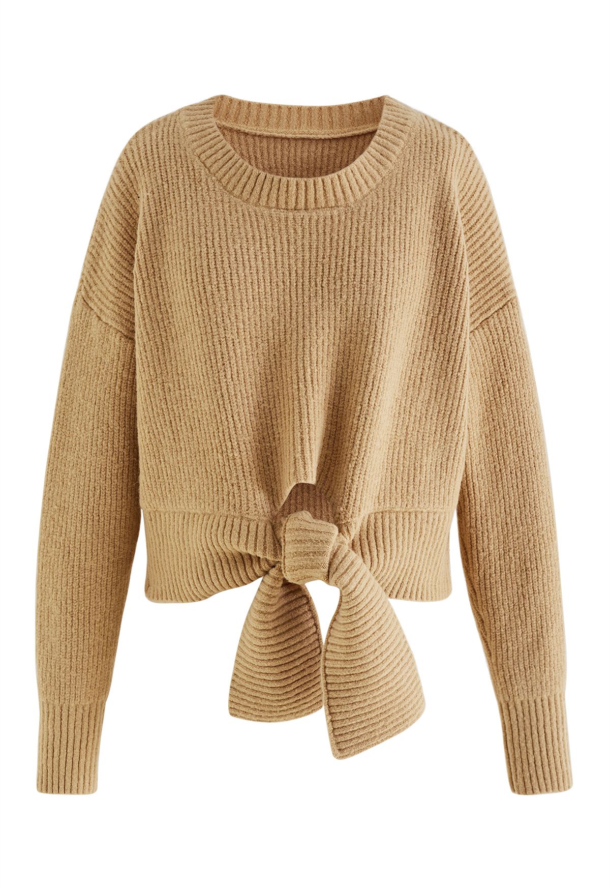 Self-Tie Knot Round Neck Knit Sweater in Camel