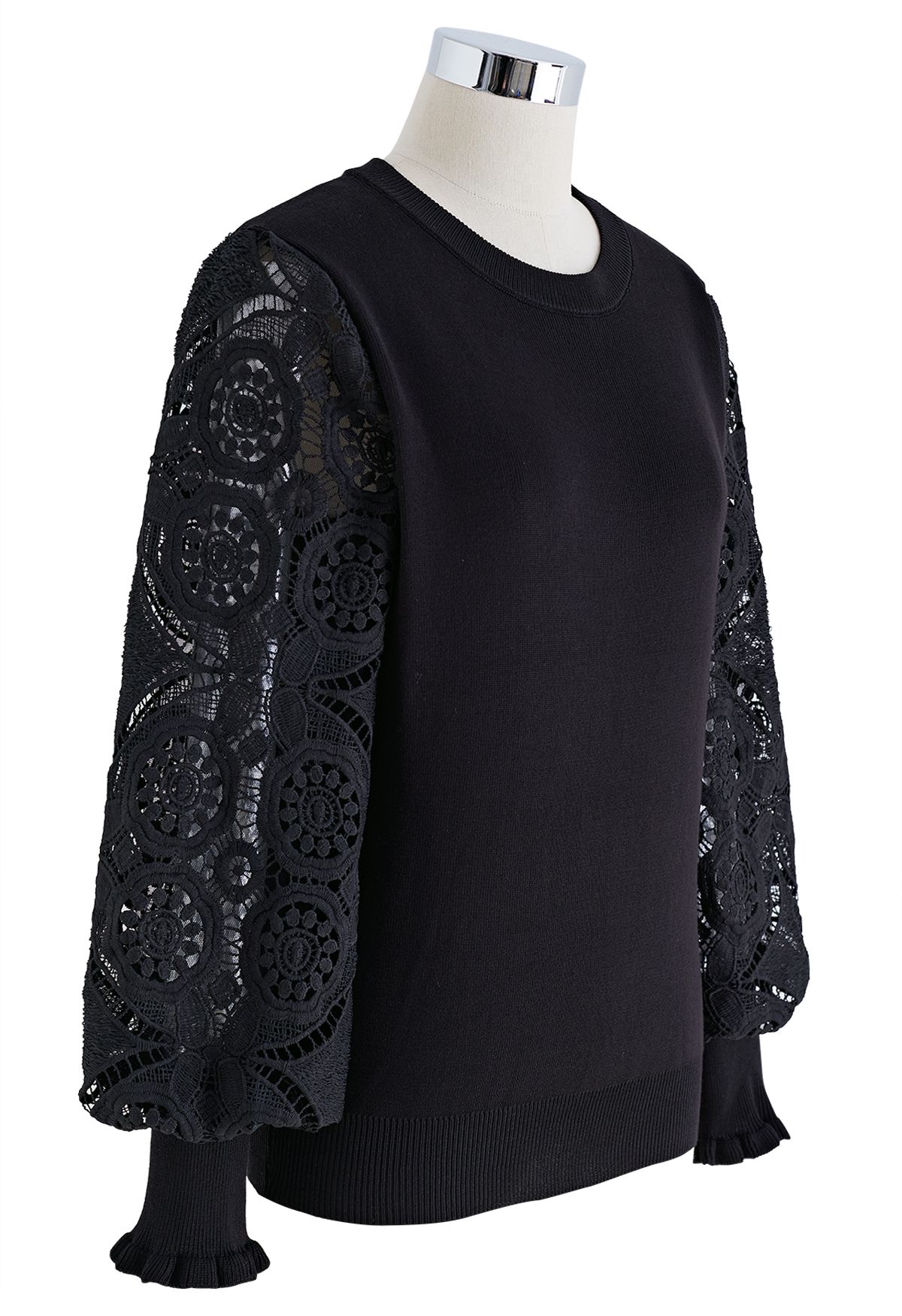 Floral Crochet Sleeve Knit Top in Black