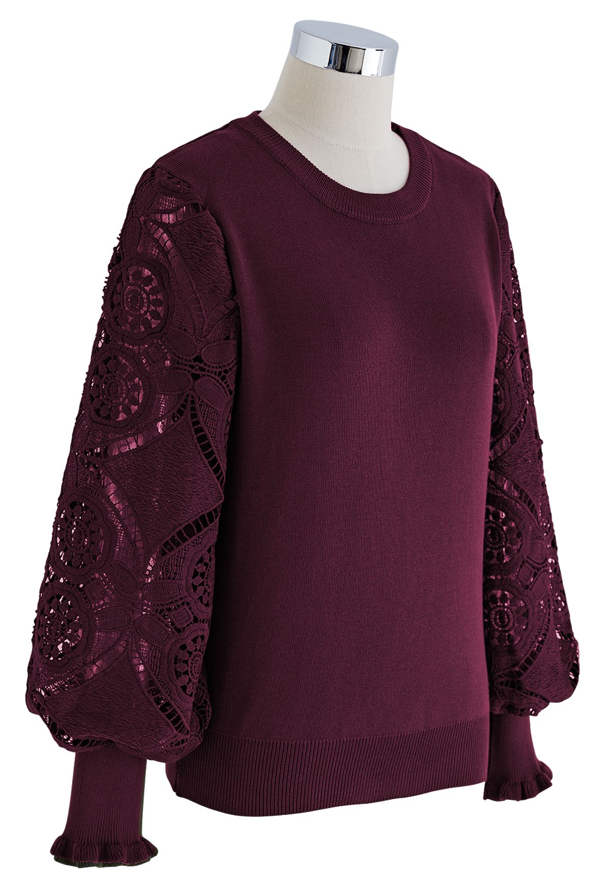 Floral Crochet Sleeve Knit Top in Burgundy