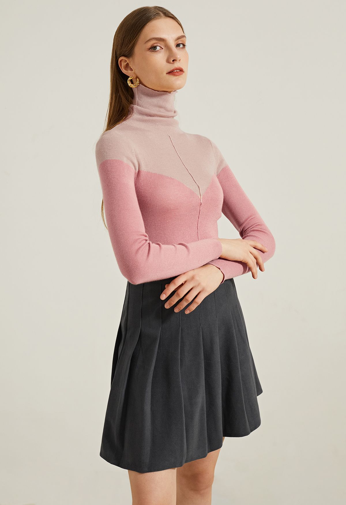 High Waist Wool-Blend Pleated Skater Skirt in Smoke