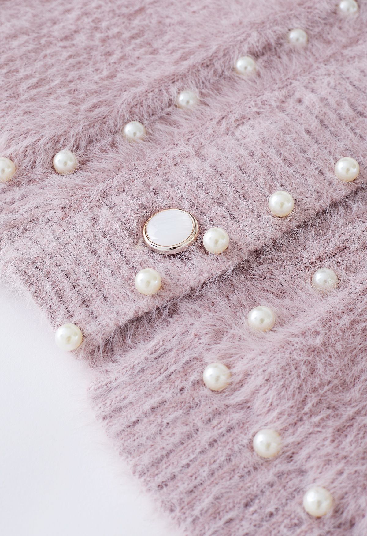 Pearls Trim Pocket Fuzzy Knit Cardigan in Dusty Pink
