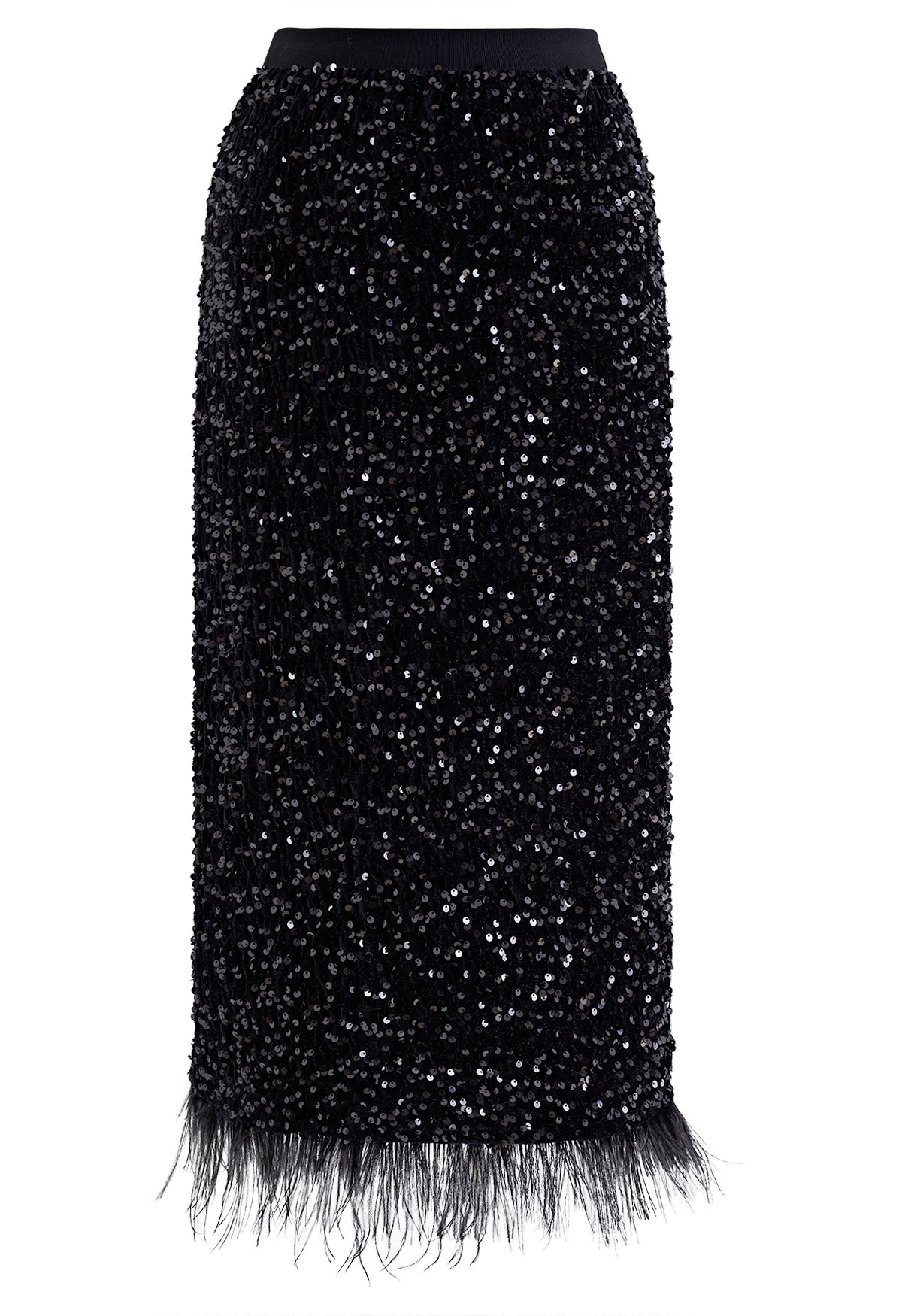 Velvet Sequined Feathered Hem Pencil Skirt in Black
