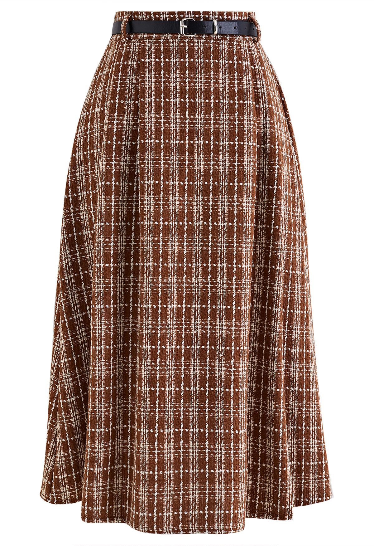 Grid Belted Flare Tweed Midi Skirt in Rust Red