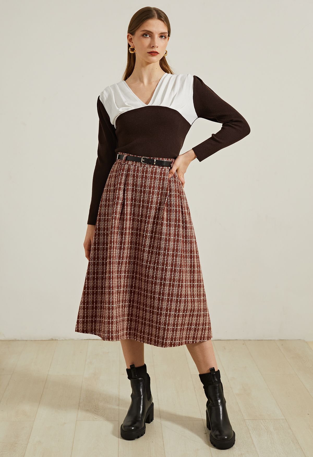 Grid Belted Flare Tweed Midi Skirt in Rust Red