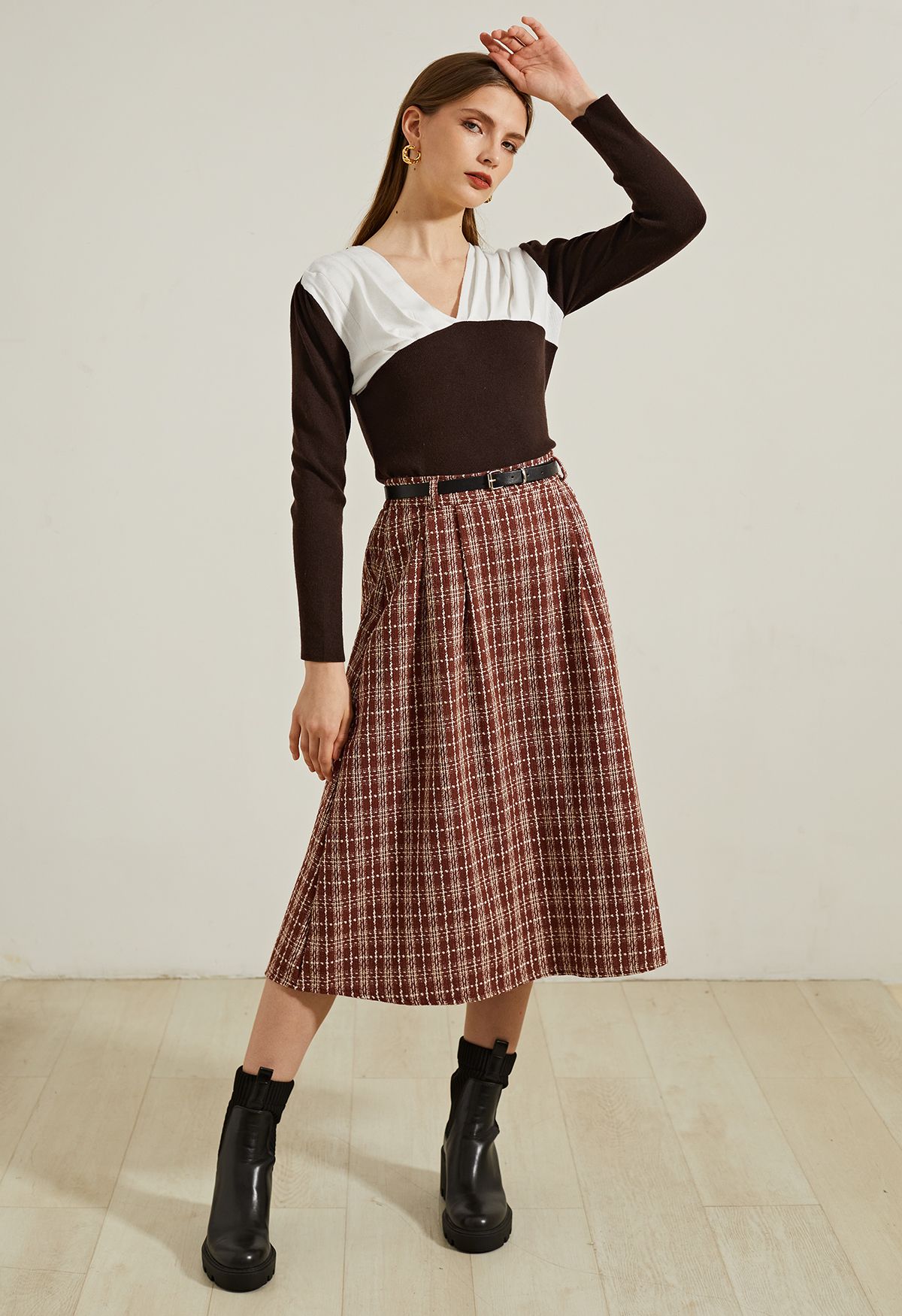 Grid Belted Flare Tweed Midi Skirt in Rust Red