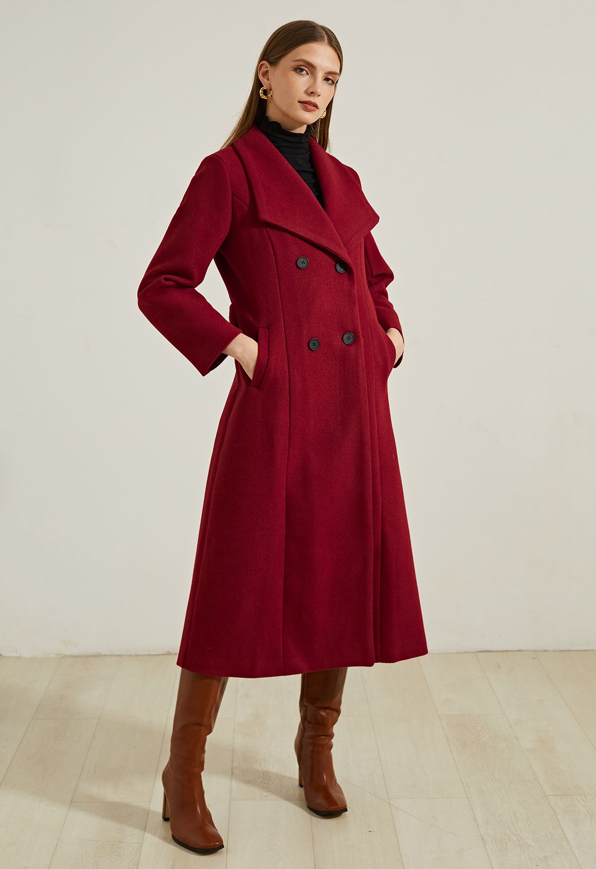 Wide Lapel Double-Breasted Flare Longline Coat in Red - Retro