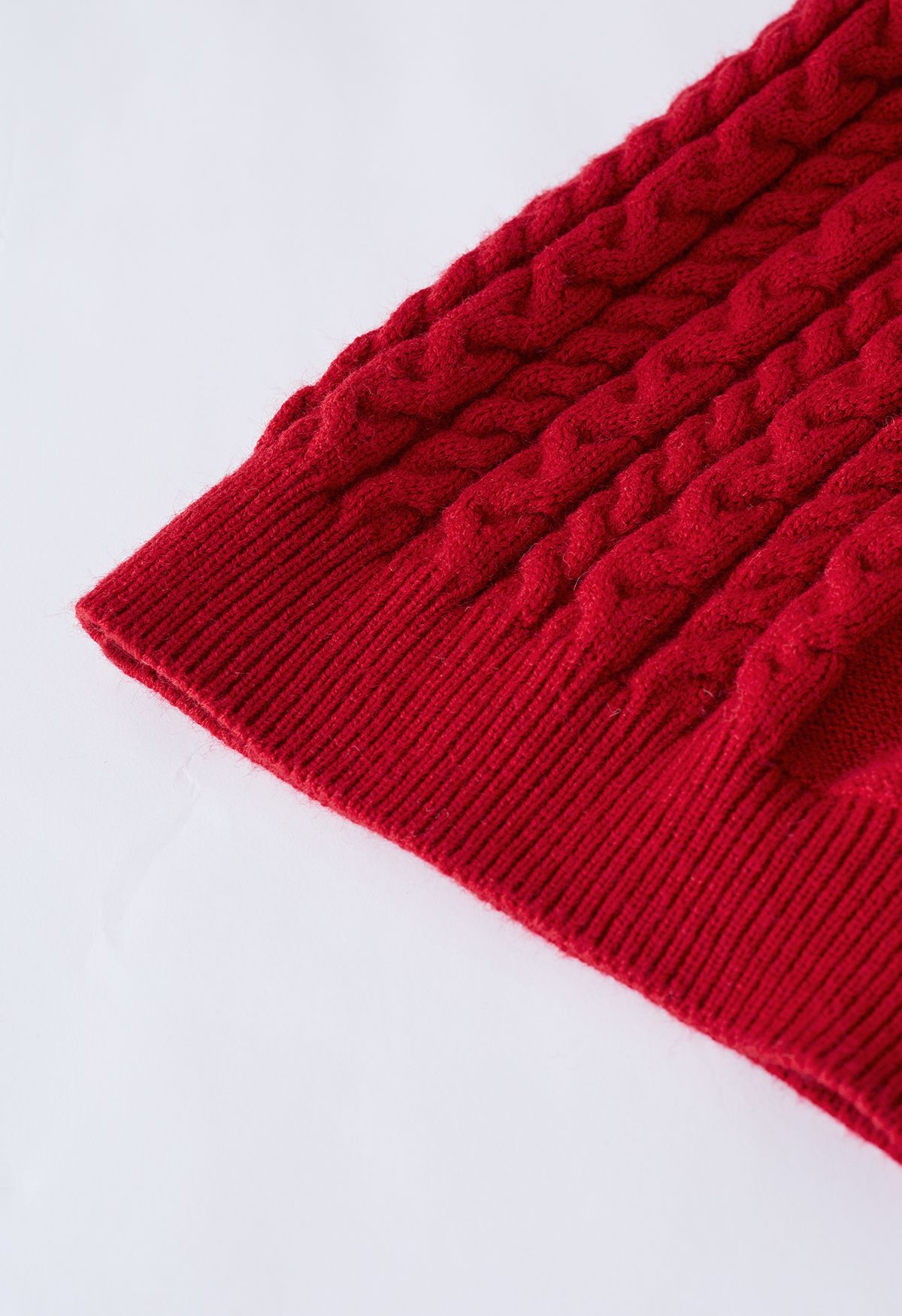 Cable Knit Sweater with Pom-Pom Scarf in Red