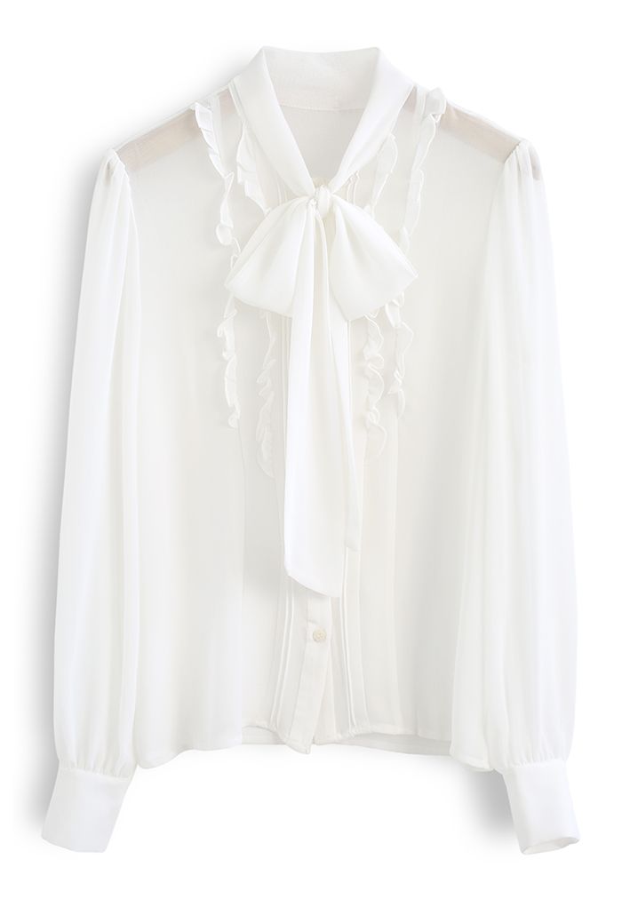 Self-Tie Bowknot Semi-Sheer Chiffon Shirt in White