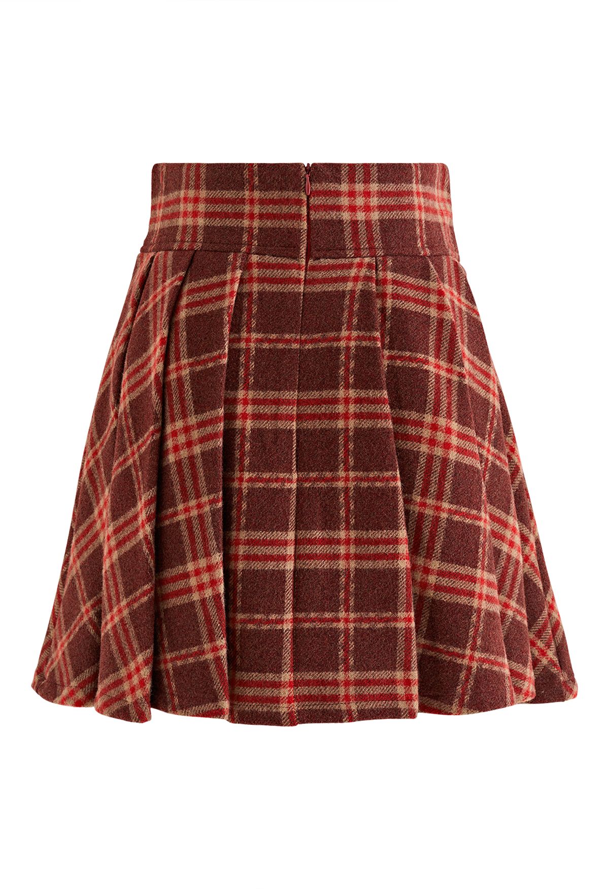Golden Button Pleated Flare Mini Skirt in Red Plaid