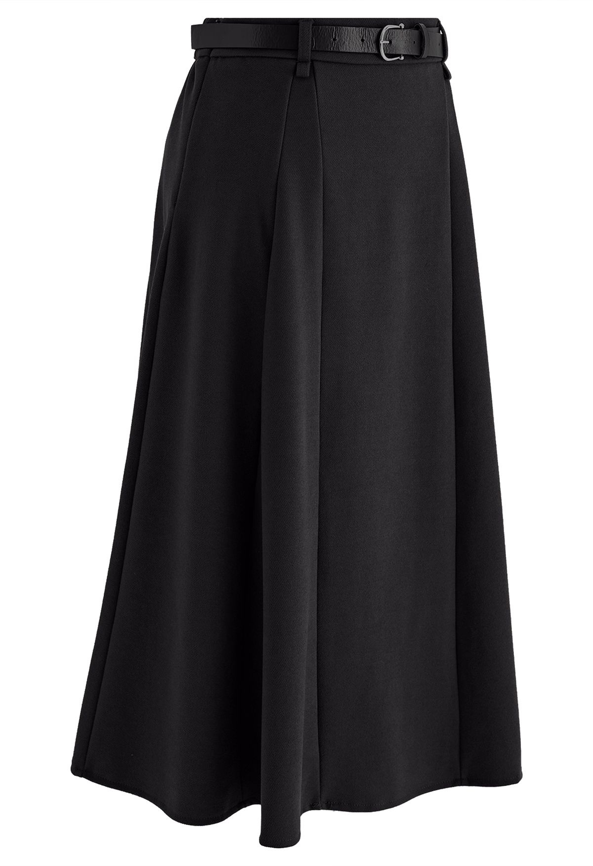 Solid Color Belted Flare Midi Skirt in Black