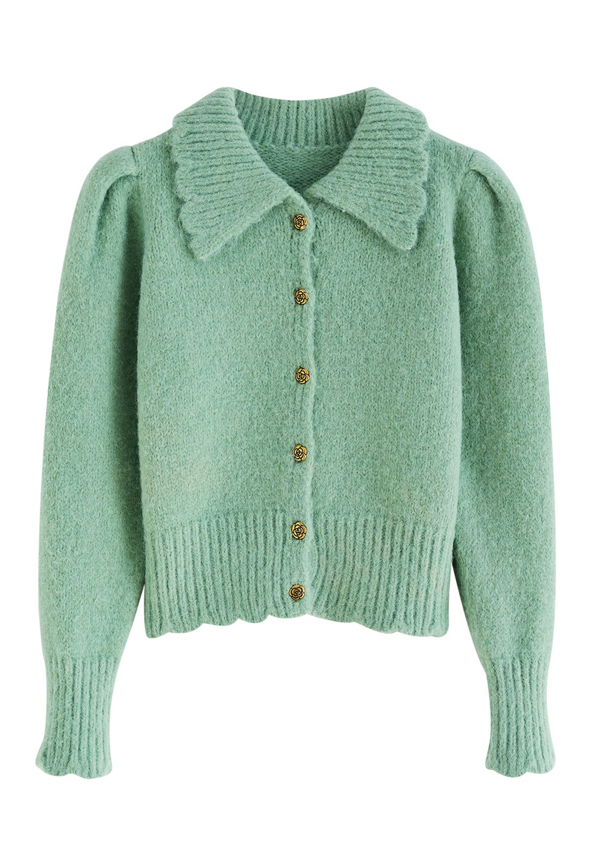 Retro Rose Buttons Scalloped Collar Knit Cardigan in Green