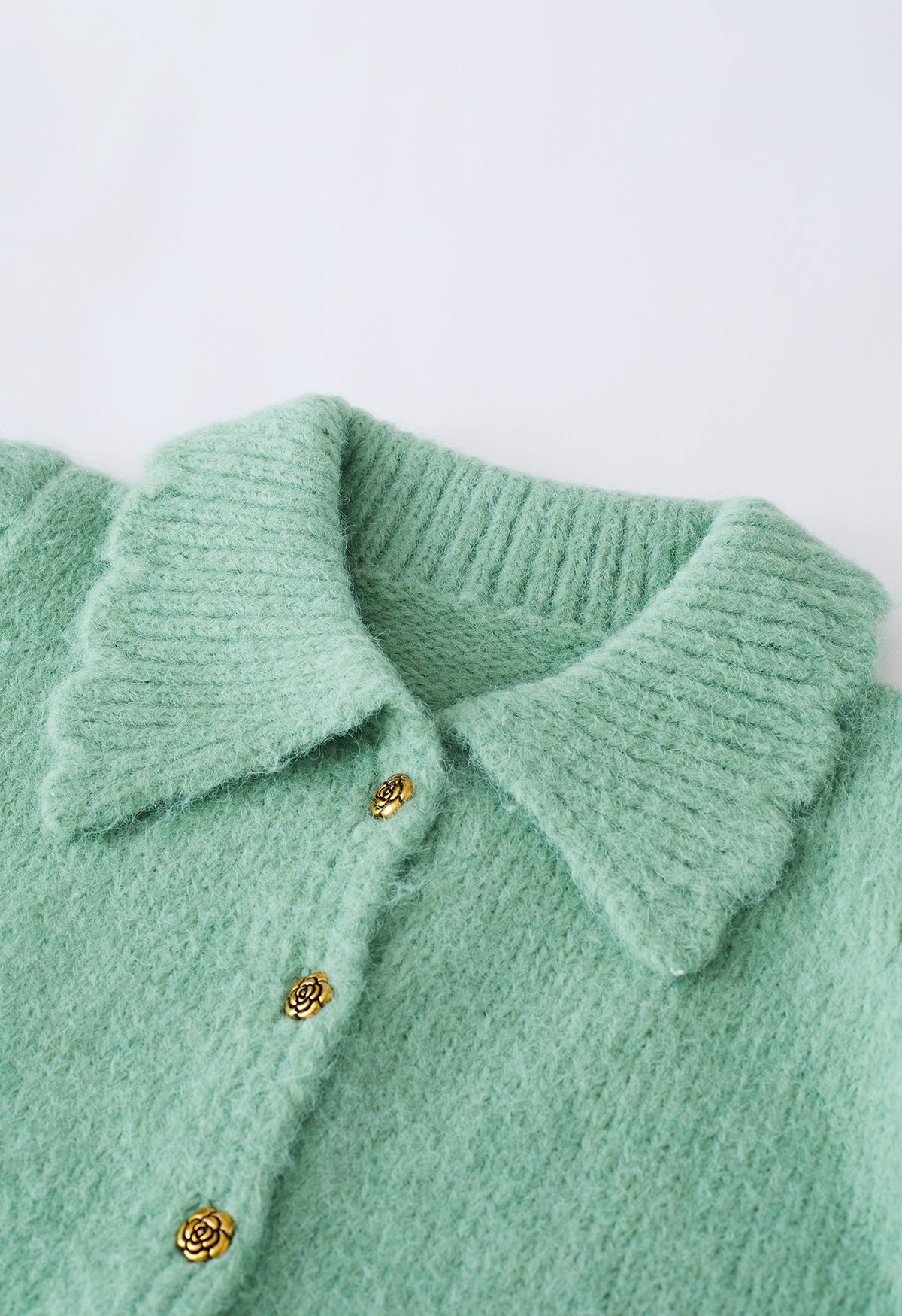 Retro Rose Buttons Scalloped Collar Knit Cardigan in Green