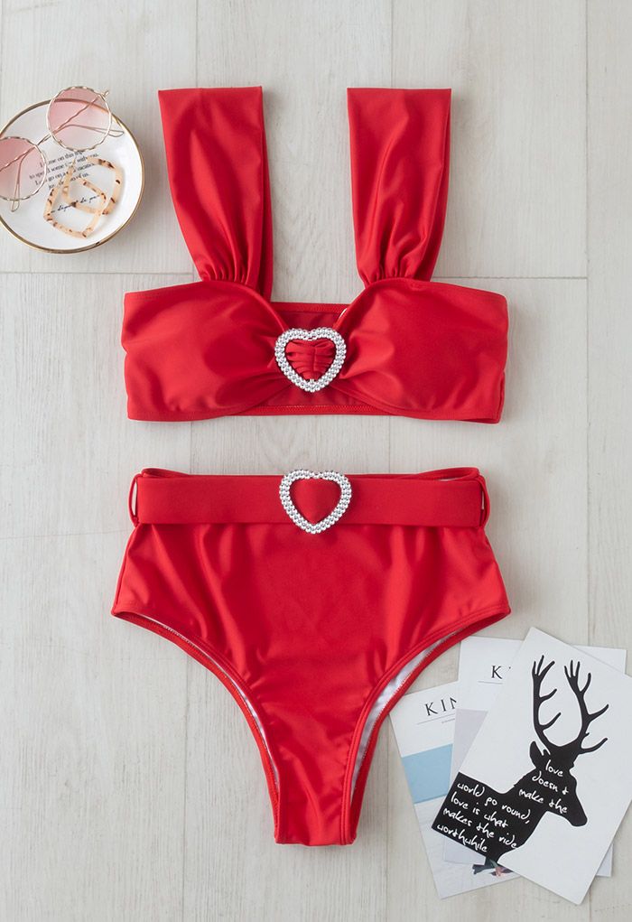 Crystal Heart Strappy Bikini Set in Red