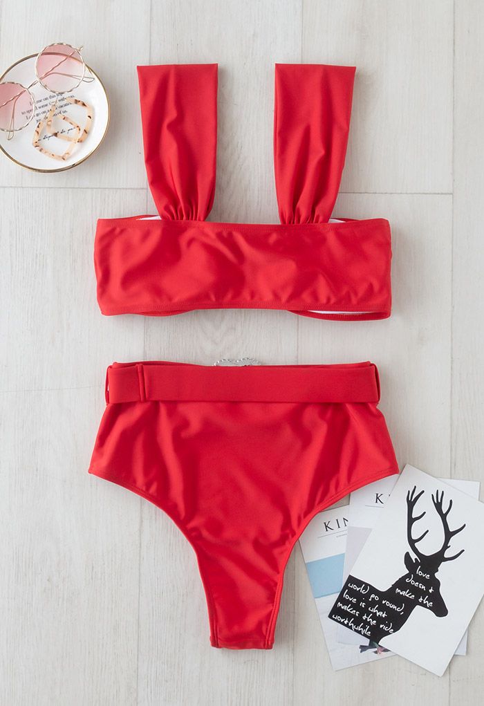 Crystal Heart Strappy Bikini Set in Red