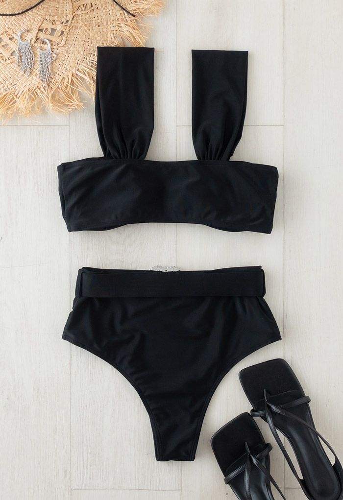 Crystal Heart Strappy Bikini Set in Black