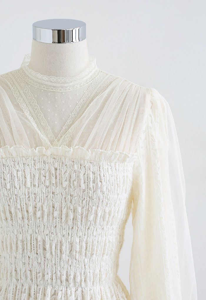 Shirred Lace Mesh Layered Puff Sleeve Top