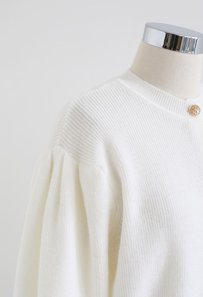 Short-Sleeve Button Down Rib Knit Cardigan in White
