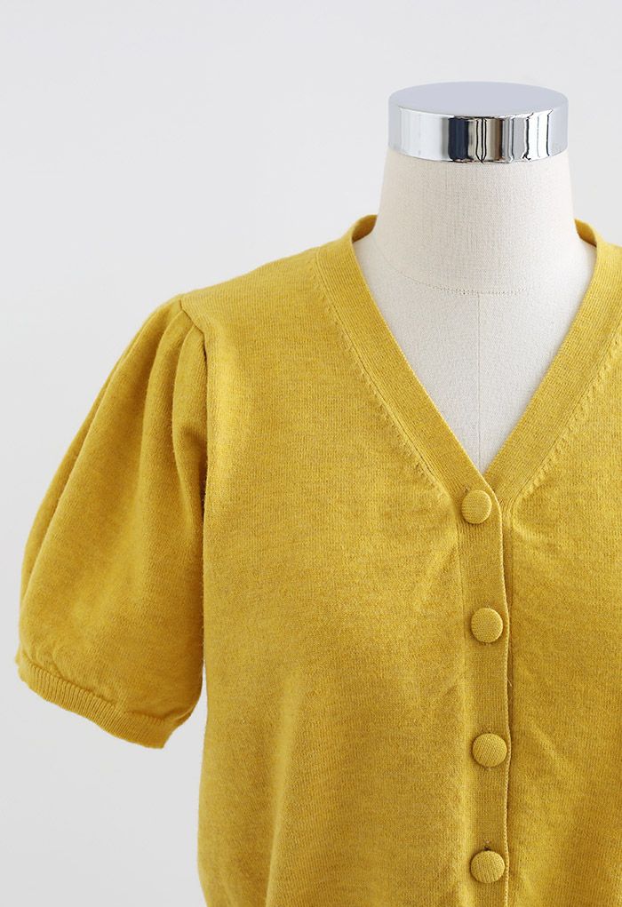 V-Neck Short-Sleeve Crop Knit Top in Yellow