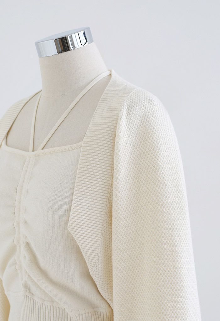 Knitted Halter Cami Top and Sweater Sleeve Set in Cream