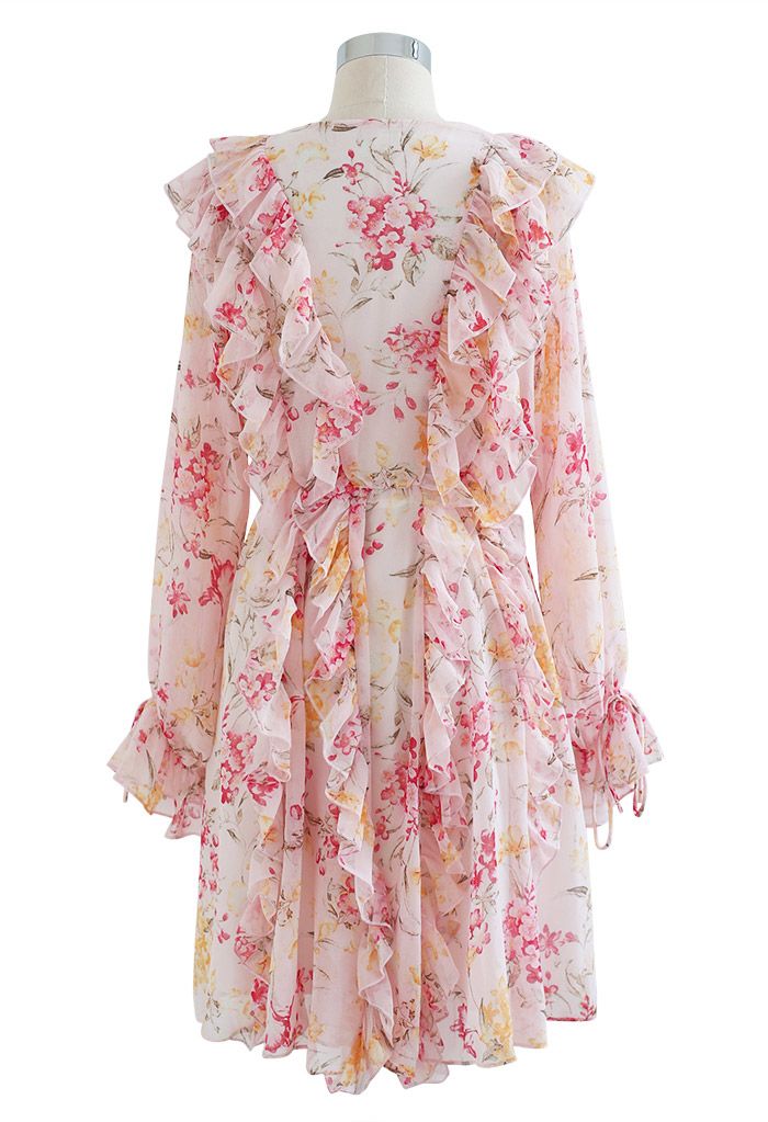 Lace-Up Floral Watercolor Ruffle Mini Dress