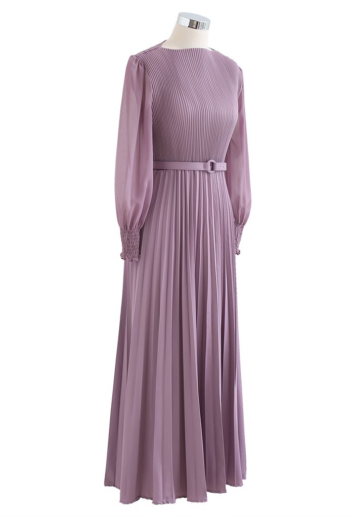 Full Pleated Belted Maxi Dress in Lilac
