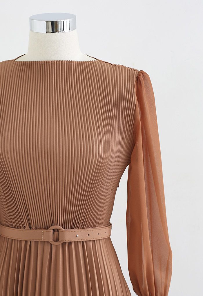 Full Pleated Belted Maxi Dress in Tan - Retro, Indie and Unique