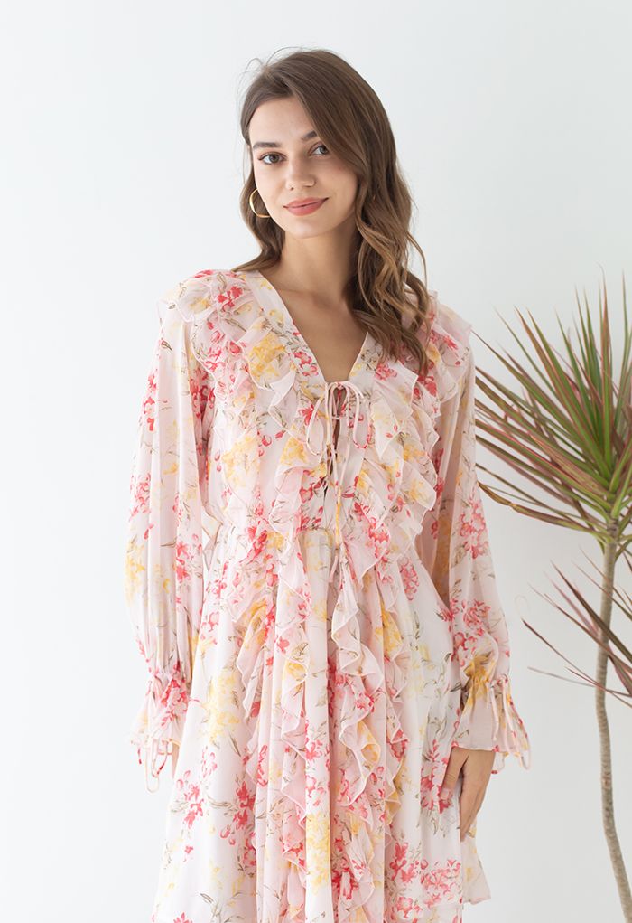 Lace-Up Floral Watercolor Ruffle Mini Dress