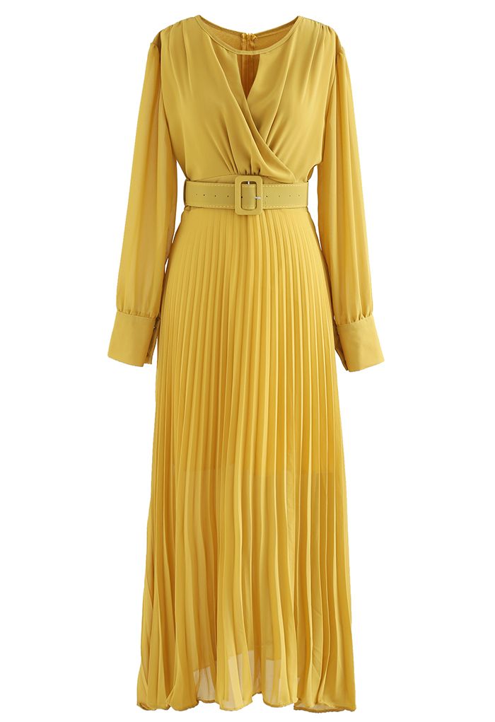 Flowy Chiffon Wrap Pleated Maxi Dress in Yellow