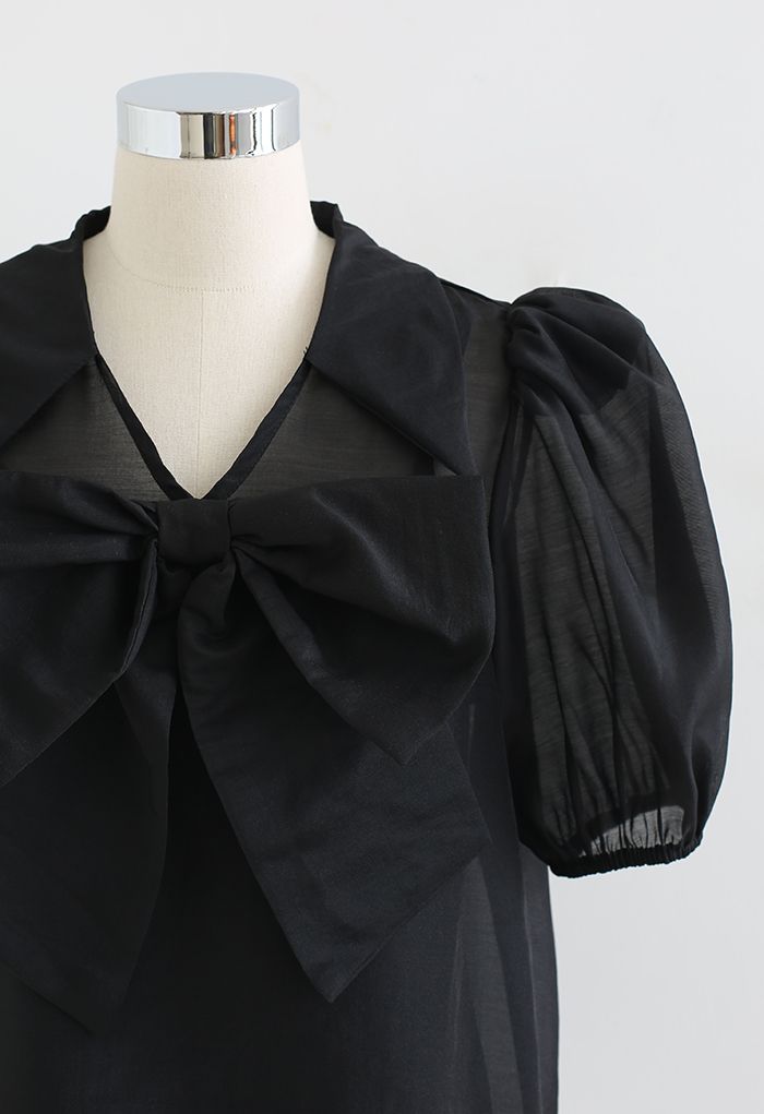 Sweet Bow Short-Sleeve Organza Top in Black