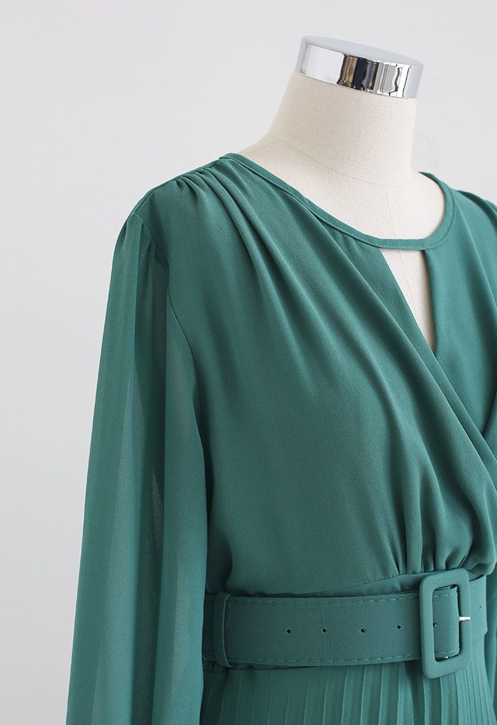 Flowy Chiffon Wrap Pleated Maxi Dress in Green