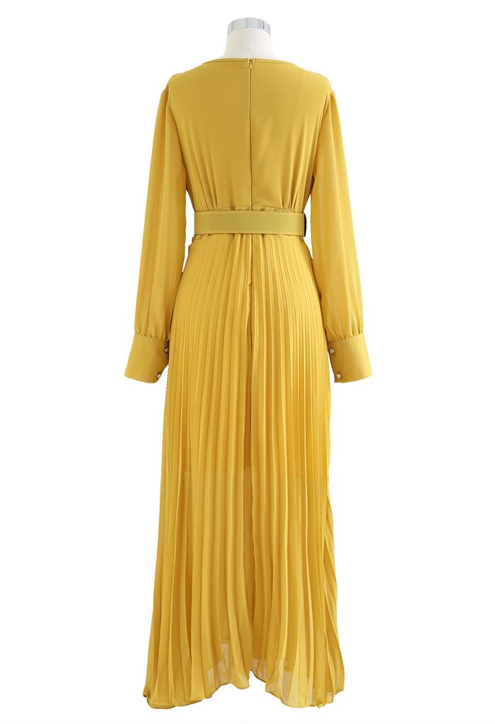 Flowy Chiffon Wrap Pleated Maxi Dress in Yellow