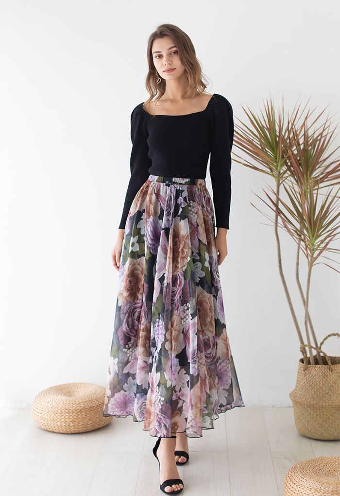 Hydrangea Watercolor Maxi Skirt in Lilac