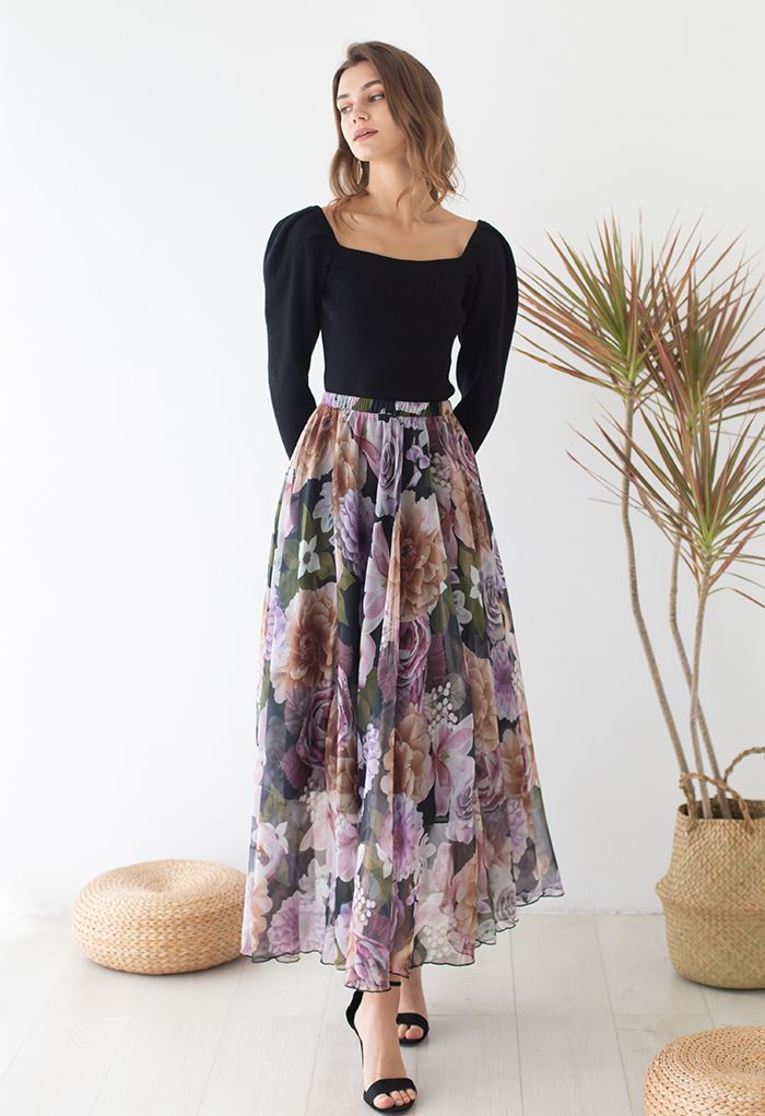 Hydrangea Watercolor Maxi Skirt in Lilac