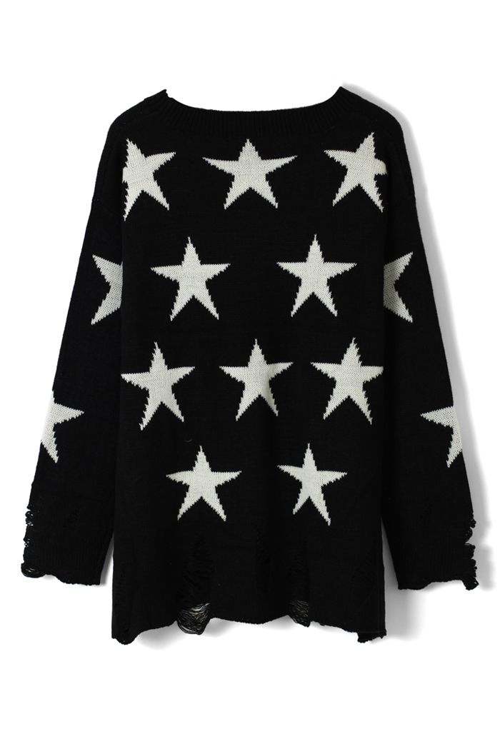 Shredded Stars Print Black Sweater