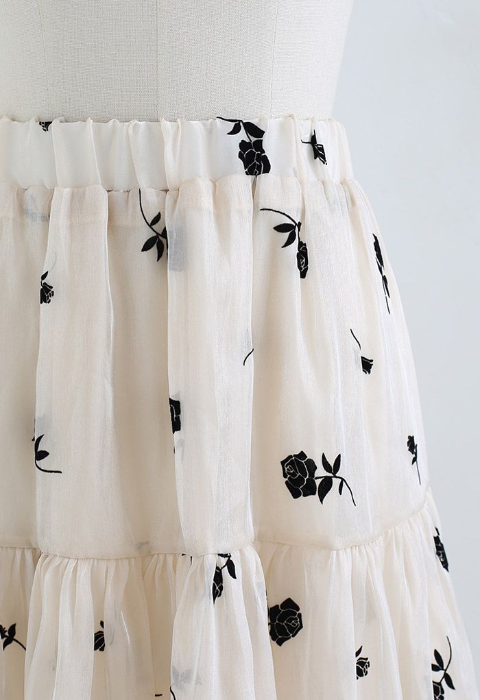 Velvet Rose Shimmer Organza Midi Skirt in Cream