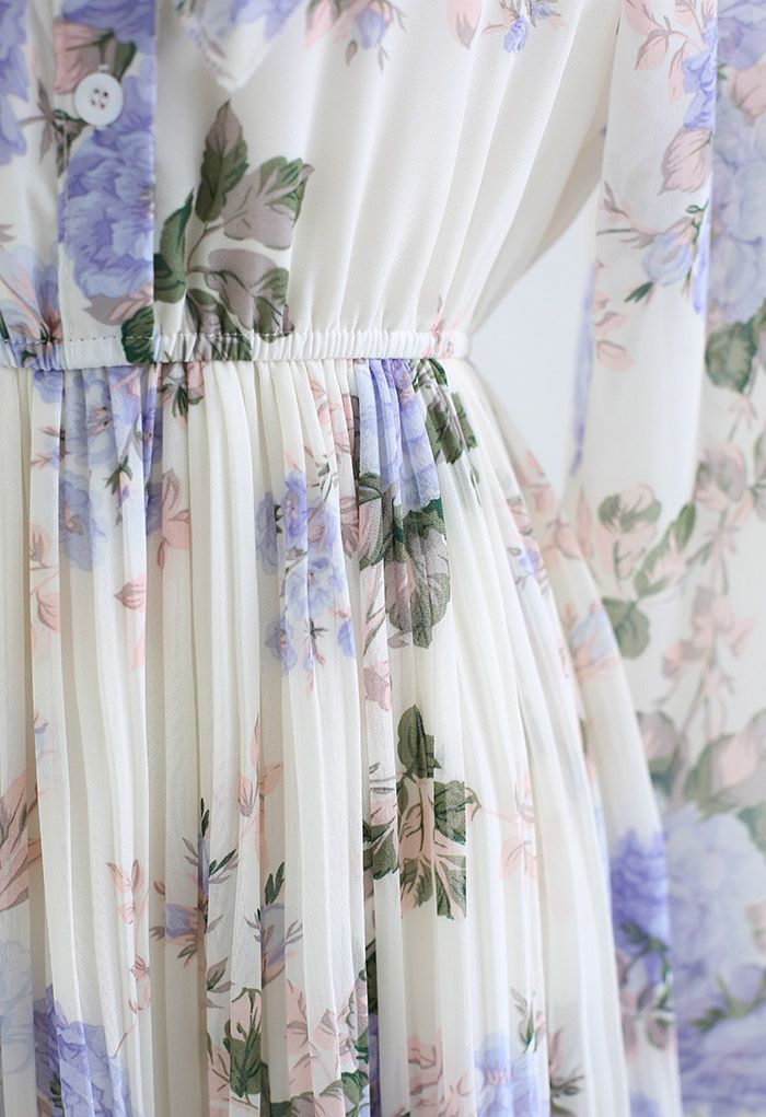 Gorgeous Peony Pleated Chiffon Midi Dress in White