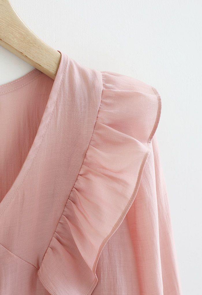 Collarless Ruffle Button Down Shirt in Pink
