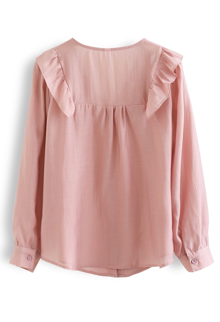 Collarless Ruffle Button Down Shirt in Pink