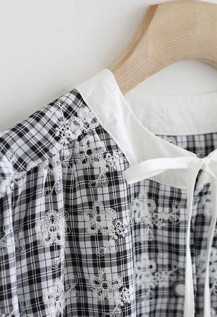 Gingham Embroidered Button Down Shirt in Black