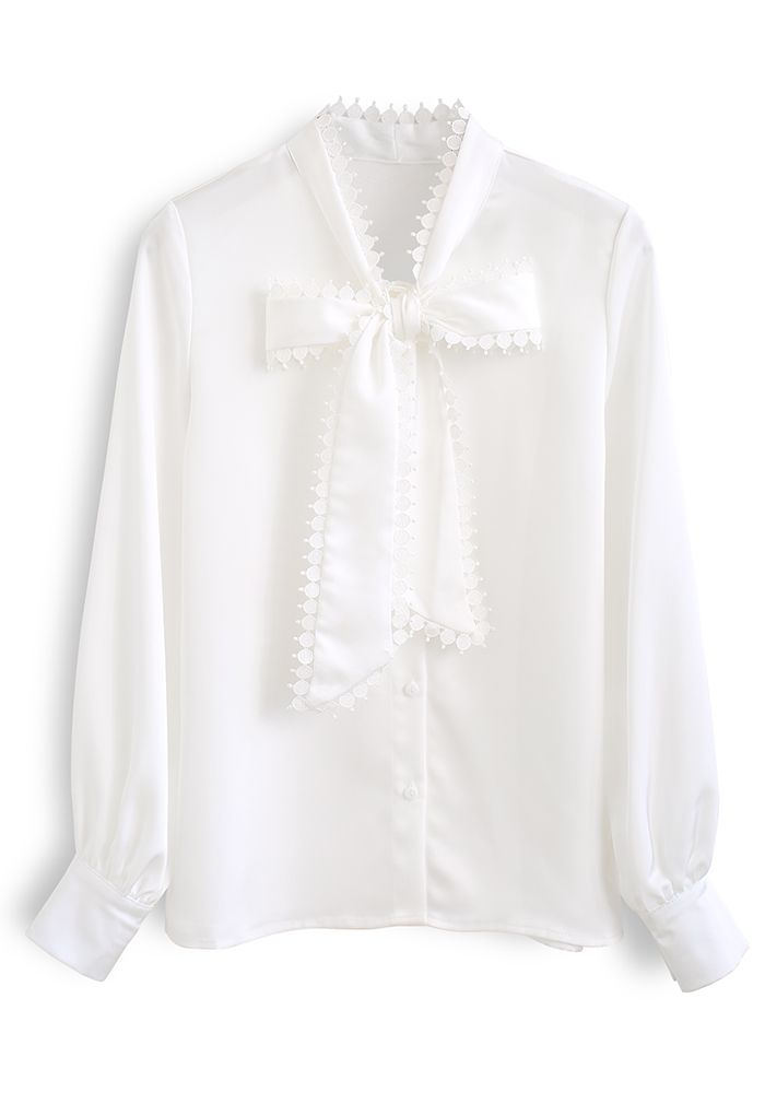 Crochet Edge Bowknot Satin Shirt in White