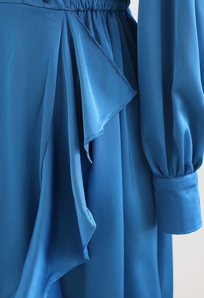 Asymmetric Ruffle Hem Wrap Satin Dress in Blue - Retro, Indie and ...