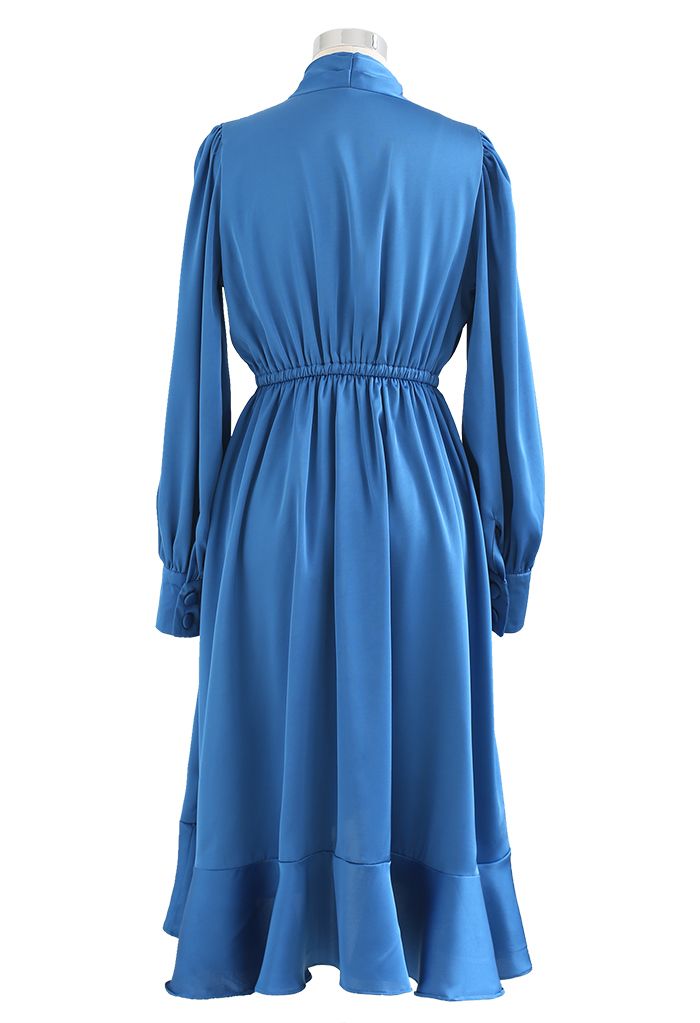 Asymmetric Ruffle Hem Wrap Satin Dress in Blue - Retro, Indie and ...