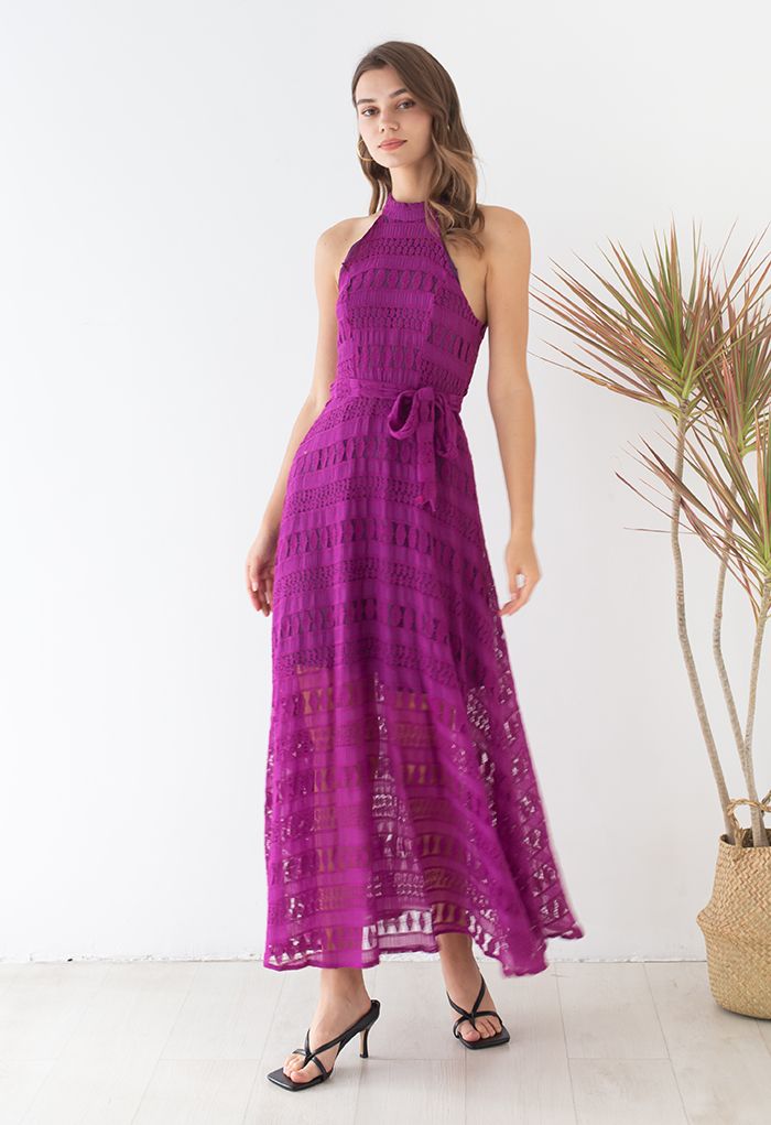 Embroidered Hollow Out Halter Neck Maxi Dress in Magenta