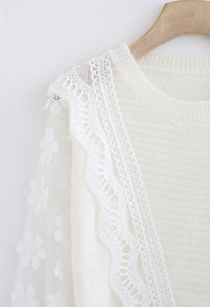 Crochet Flower Mesh Sleeve Spliced Knit Top in White