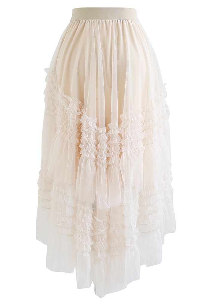 Ruffle Tiered Hi-Lo Mesh Tulle Skirt in Cream - Retro, Indie and