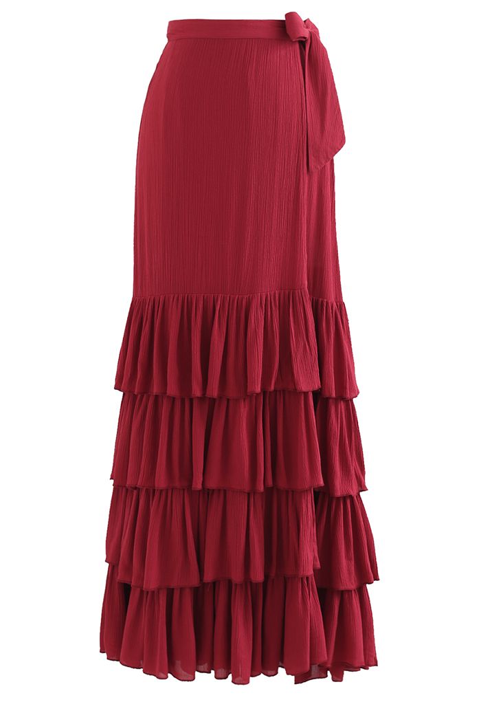 Tie-Waist Ruffle Ruched Tiered Maxi Skirt